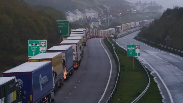 A long line of lorries on the A20 in Dover