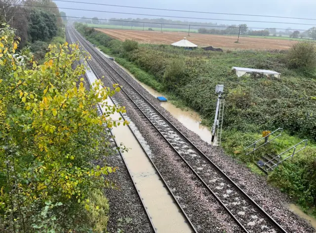 flooded railway line in Pewsey