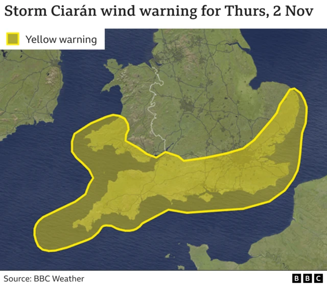 A map of the areas of southern England with an active yellow weather warning