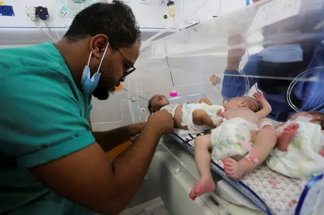 Premature babies which were evacuated from an incubator in Al Shifa Hospital in Gaza City receive treatment at an hospital in Rafah