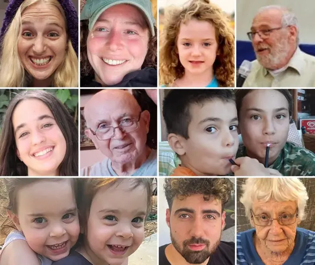 Composite image showing people abducted by Hamas, L-R from the top: Doron Steinbrecher, Shani Goren, Emily Hand, Alex Danzig, Gali Tarshansky, Amiram Cooper, Erez and Sahar Kalderon, Emma and Julie Alony Cunio, Guy Gilboa-Dalal and Ditza Heiman