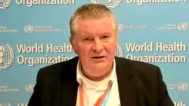 The WHO's Michael Ryan speaks in front of a WHO branded backdrop