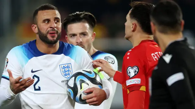 England's Kyle Walker contests a referee decision