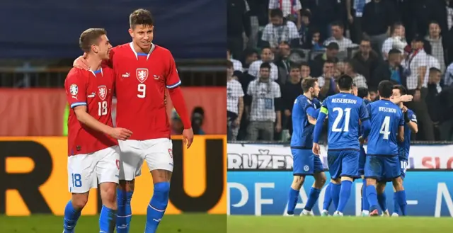 Czechia and Kazakhstan celebrate their qualifying goals.