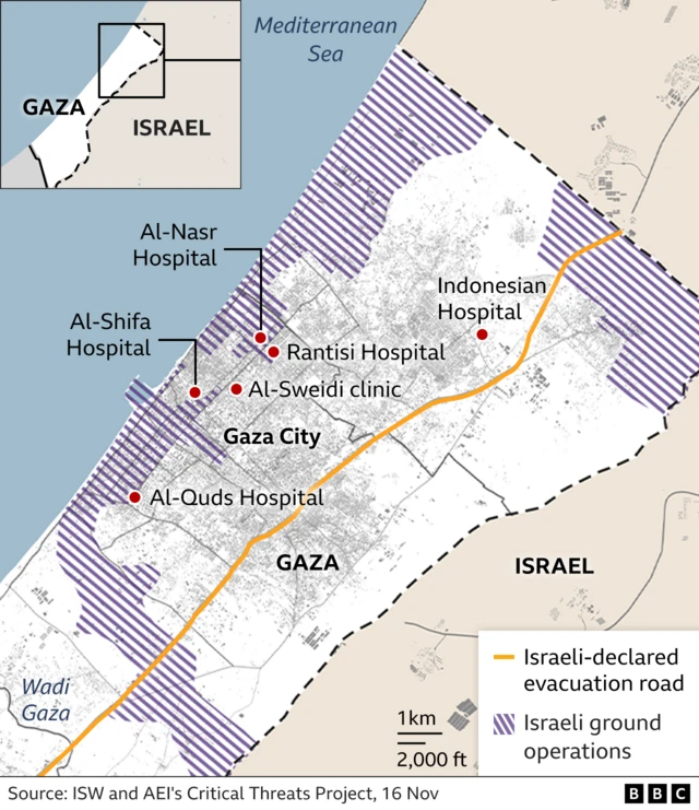 Map showing locations of hospitals in Gaza