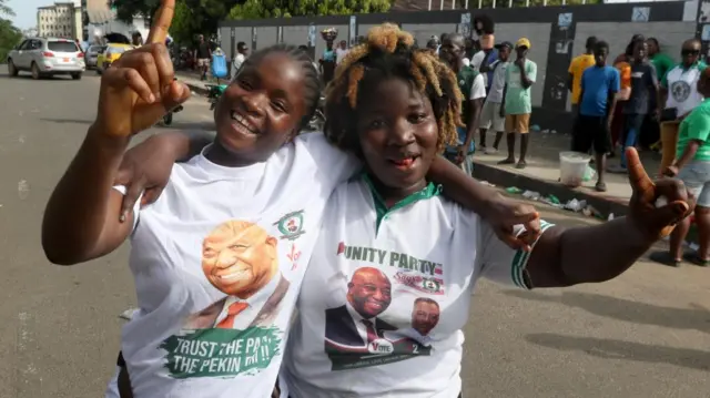 upporters of opposition Unity party (UP), of president-elect, Joseph Nyumah Boakai, celebrate victory, over incumbent president George Weah, ruling Coalition for Democratic Change(CDC), in Monrovia, Liberia, 18 November