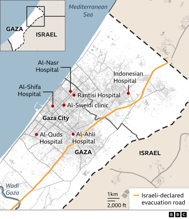 Map showing hospitals in northern Gaza, including Indonesian Hospital