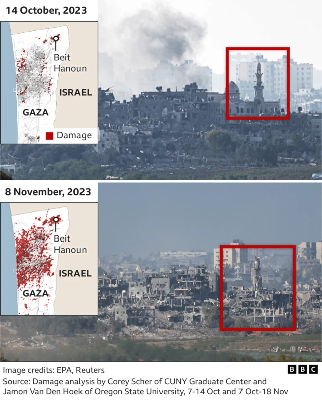 Two photos of the same skyline of structures dated October 14 and November 8. The October image shows ornate buildings among some damaged structures. In the November one, no buildings are undamaged.