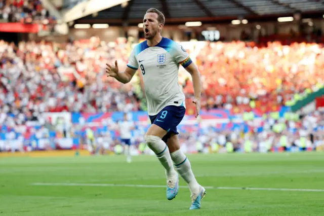 Harry Kane runs to the corner while reacting to scoring his goal.