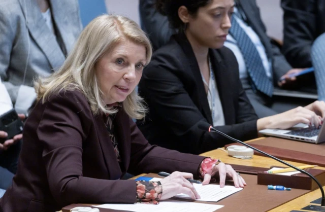 Catherine Russell, the Executive Director of UNICEF, addresses a United Nations Security Council meeting called to address the conflict between Israel and Hamas, at United Nations headquarters in New York, New York, USA, 30 October