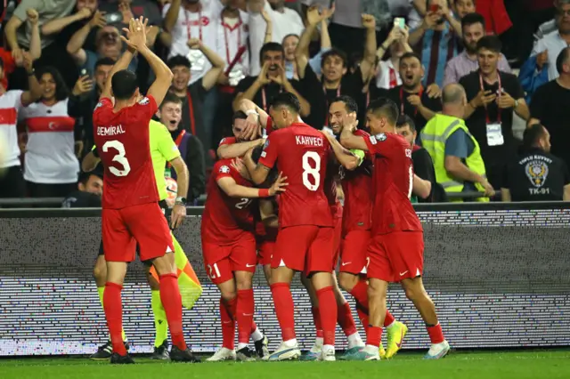 Turkey celebrate Guler goal v Wales