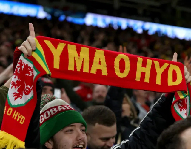 A Wales fan holds a scarf aloft