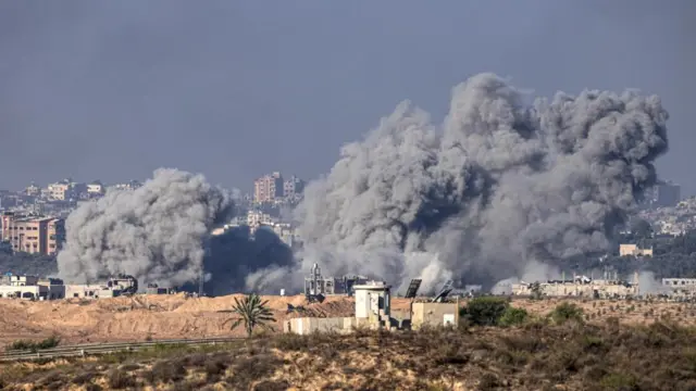 Smoke rises after an explosion following an airstrike on the northern part of the Gaza Strip