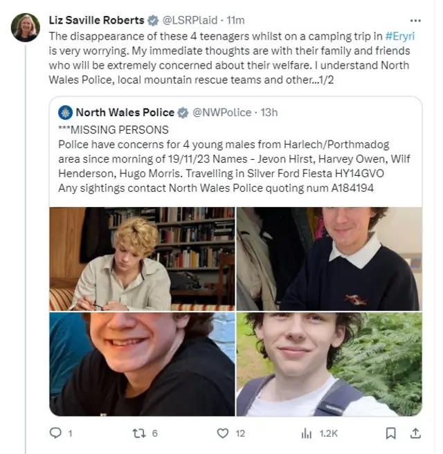 Tweets from Liz Saville Roberts, Plaid Cymru MP for Dwyfor Meirionnydd, sharing police appeal for missing teenagers