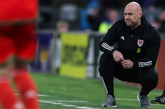 Wales boss Rob Page crouches on the touchline