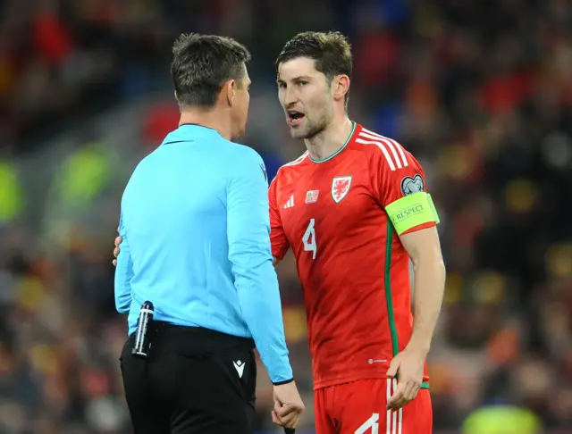 Ben Davies has words with Referee Matej Jug