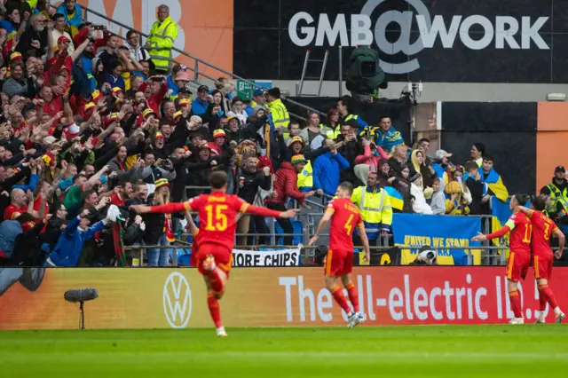 Wales celebrating v Ukraine