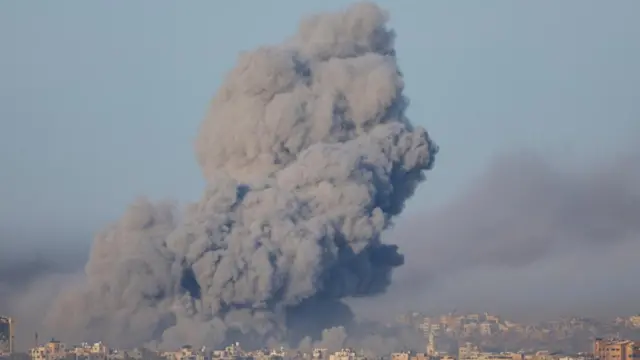 Smoke rises over Gaza this morning