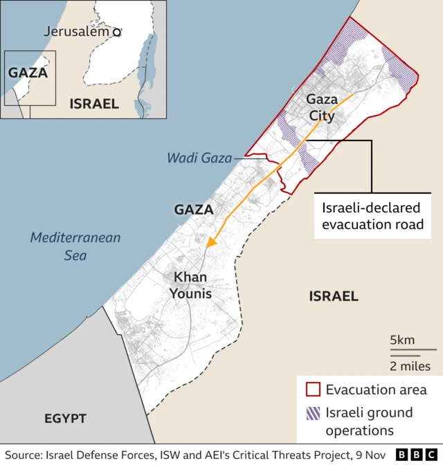 A map of Gaza showing areas where Israel has told people to evacuate in the north and the “Israeli-declared evacuation road” connecting the north to the south.