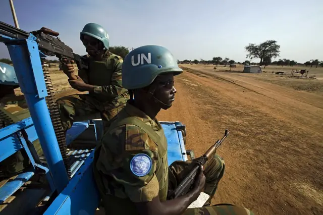 Peacekeeper troops from Ethiopia and deployed in the UN Interim Security Force for Abyei (UNISFA) patrol outside Abyei town, in Abyei state, on December 14, 2016.