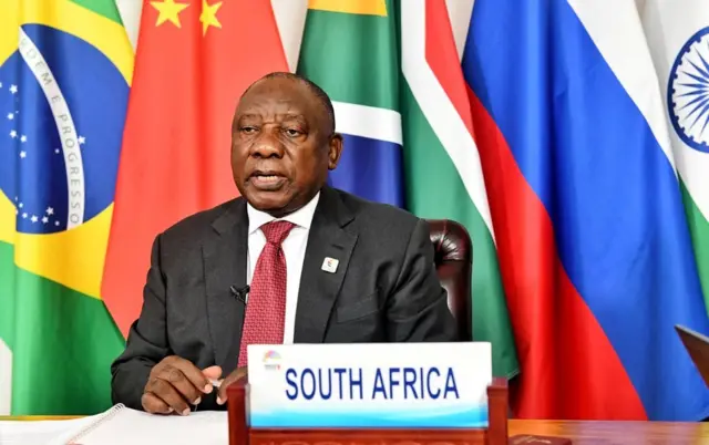 South African President Cyril Ramaphosa speaks during BRICS Extraordinary Joint Meeting on the Middle East situation in Johannesburg,