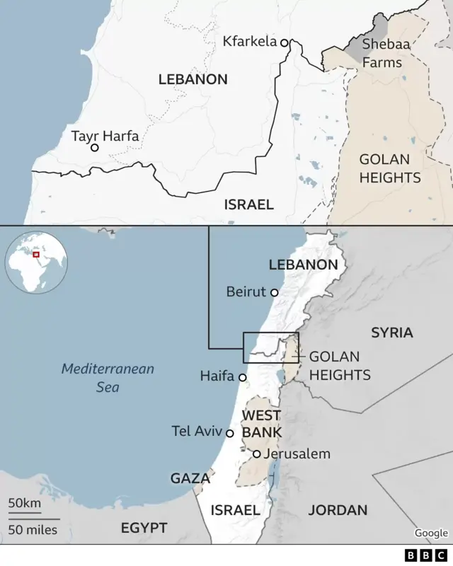 Map showing south Lebanon and border with Israel