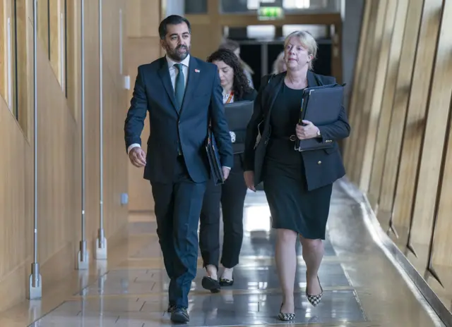 First Minister Humza Yousaf and Deputy First Minister Shona Robison outside the chamber