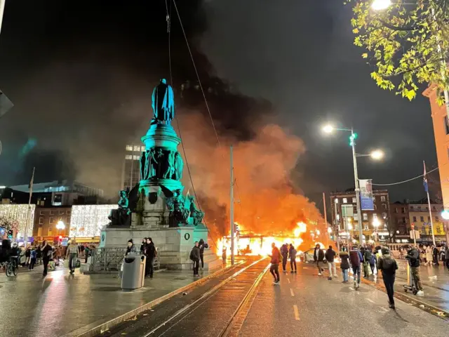 A bus on fire in Dublin city centre