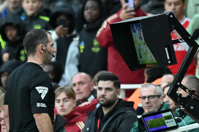 A referee views pitchside monitor