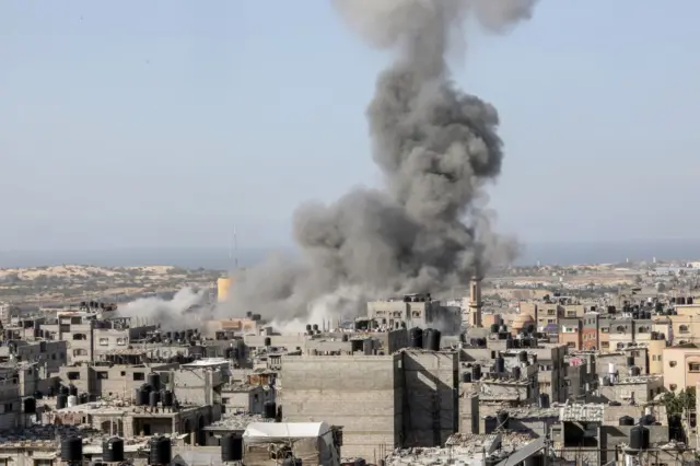 Smoke rises after Israeli attacks from air, sea and land targeted residential areas in Rafah, Gaza