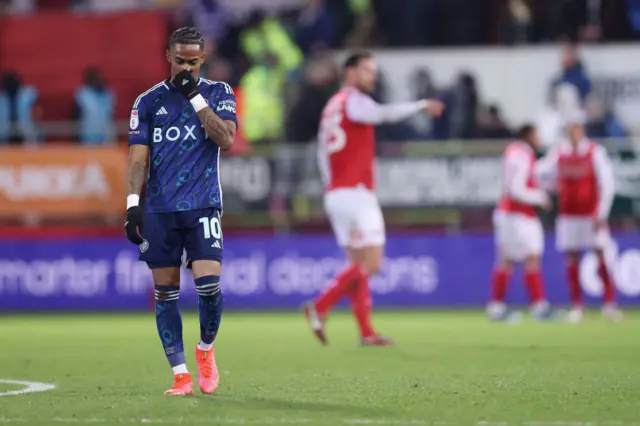 Crysencio Summerville of Leeds United looks dejected after Hakeem Odoffin of Rotherham United (not pictured) scores