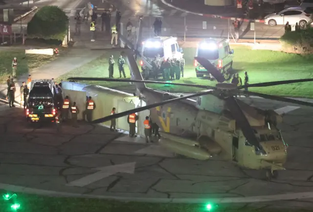 Israeli army helicopter landing at the Schneider-Children's Medical Center in Petah Tikva.