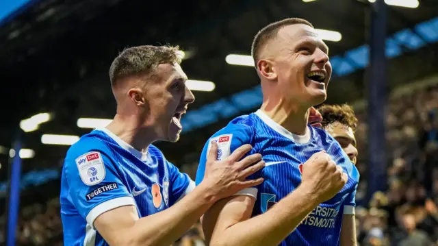 Portsmouth forward Colby Bishop celebrates scoring against Charlton