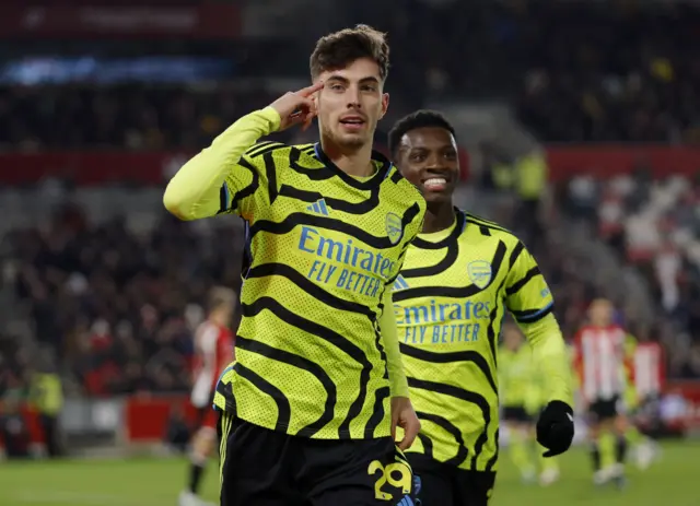 Kai Havertz and Eddie Nketiah celebrate the goal.