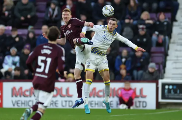 Hearts' Kye Rowles and St Johnstone's Dara Costelloe in action during a cinch Premiership match between Heart of Midlothian and St Johnstone at Tynecastle Park