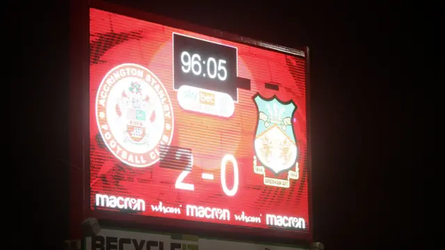 Scoreboard showing Accrington Stanley's 2-0 win over Wrexham