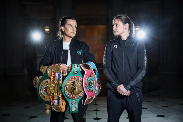 Chantelle Cameron (left) holds the light-welterweight titles next to Katie Taylor (right)