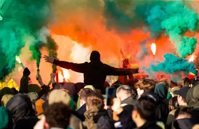 Celtic fans gather outside the ground