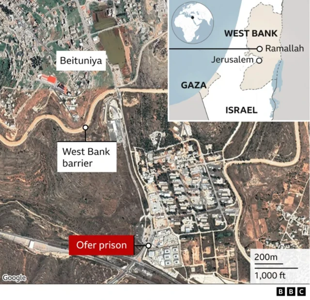 Graph showing distance between West Bank and Ofer prison in Israel