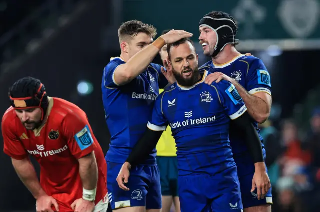 Leinster's Jamison Gibson-Park celebrates scoring a try