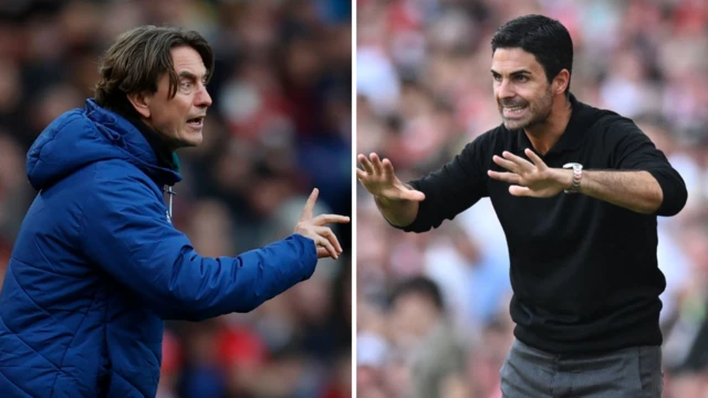 Thomas Frank and Mikel Arteta pictured on the touchline - collated image