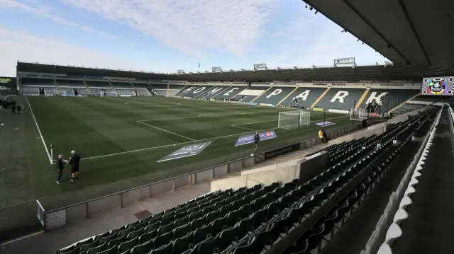 Home Park in Plymouth seen from the corner of the pitch