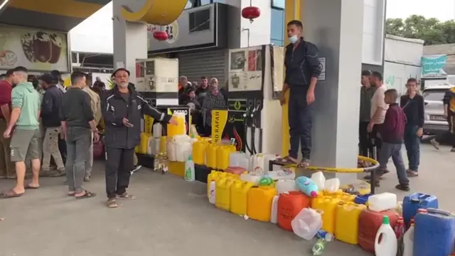 Lined up fuel cannisters at a gas station in Rafah, Gaza