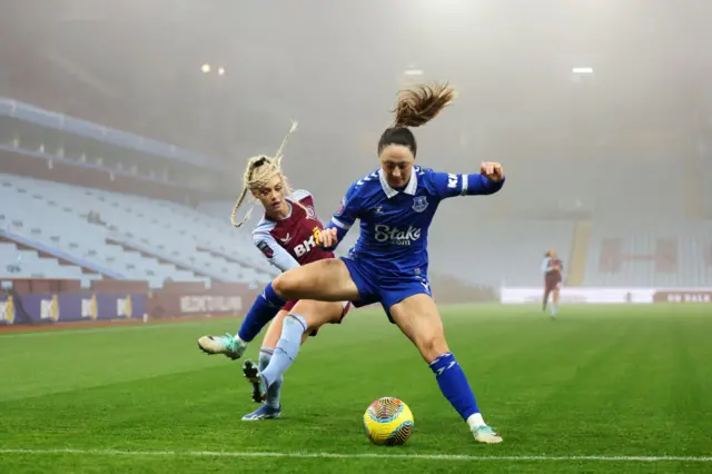 Everton's Megan Campbell protects the ball from Aston Villa's Alisha Lehmann.