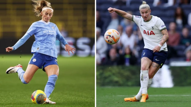 Chloe Kelly kicking a ball, Bethany England kicking a ball - collated image