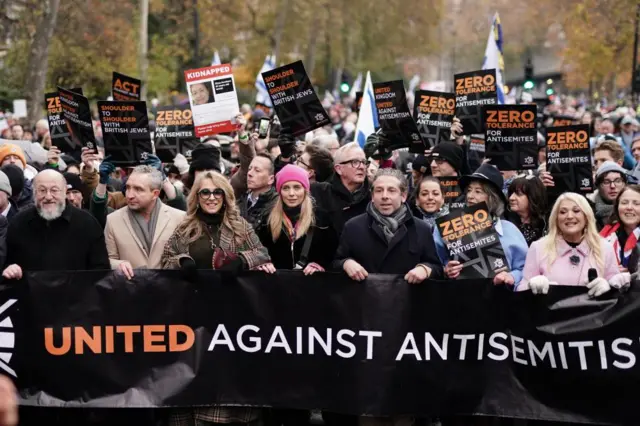 Chief Rabbi Mirvis, Eddie Marsan, Tracey-Ann Oberman, Rachel Riley, Maureen Lipman (second from right) and Vanessa Feltz (right) take part in a march against antisemitism