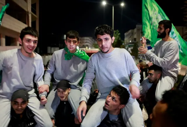 Released Palestinian prisoners react as they leave the Israeli military prison, Ofer,