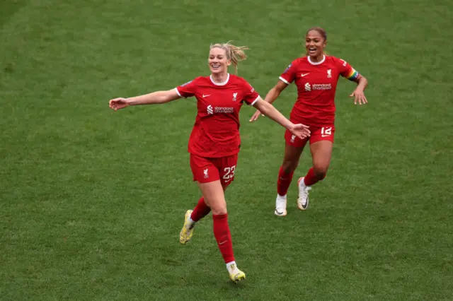 Gemma Bonner celebrates scoring for Liverpool against Brighton