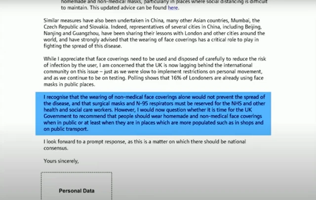 Letter from Khan to Raab on Apirl 8, asking him to reconsider advice to public on face coverings