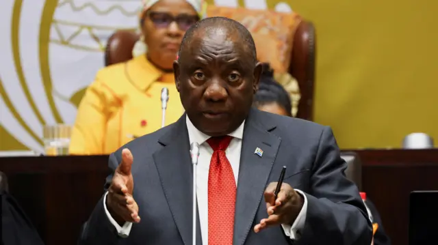 South African President Cyril Ramaphosa answers lawmaker's questions in parliament, including to what extent being part of the BRICS grouping has helped South Africa's economy, in Cape Town, South Africa, September 5, 2023